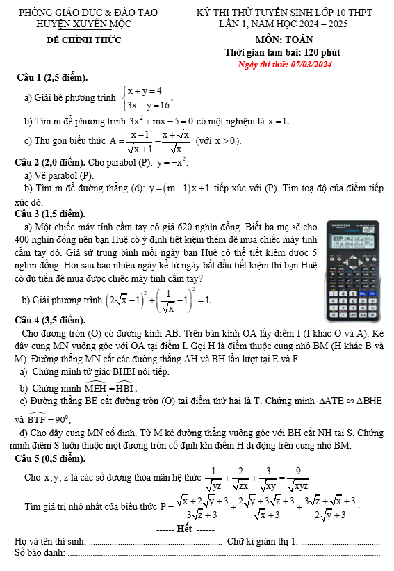Đề thi thử vào lớp 10 năm 2024