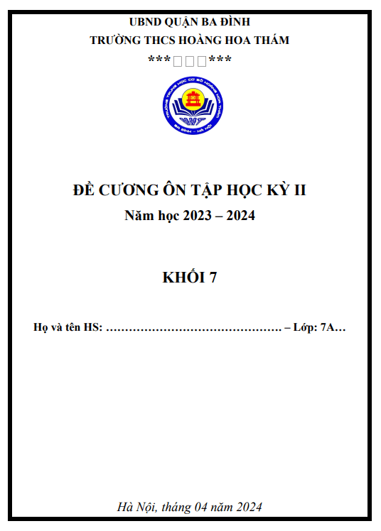 Đề cương học kì 2 toán lớp 7 Trường Hoàng Hoa Tháng Hà Nội 2024