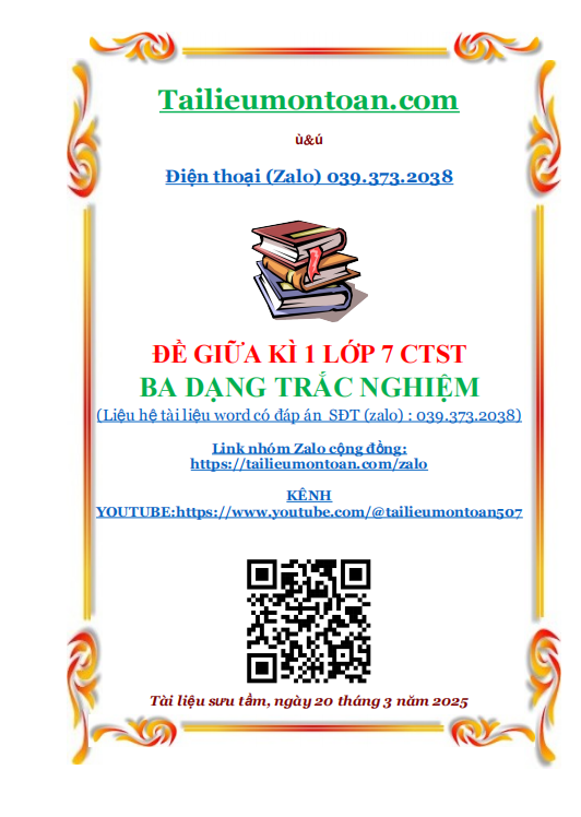 Đề giữa kì 1 toán lớp 7 CTST ba dạng trắc nghiệm