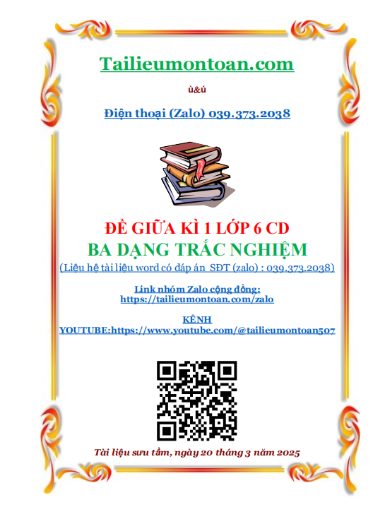 Đề giữa kì 1 môn toán lớp 6 ba dạng trắc nghiệm cánh diều