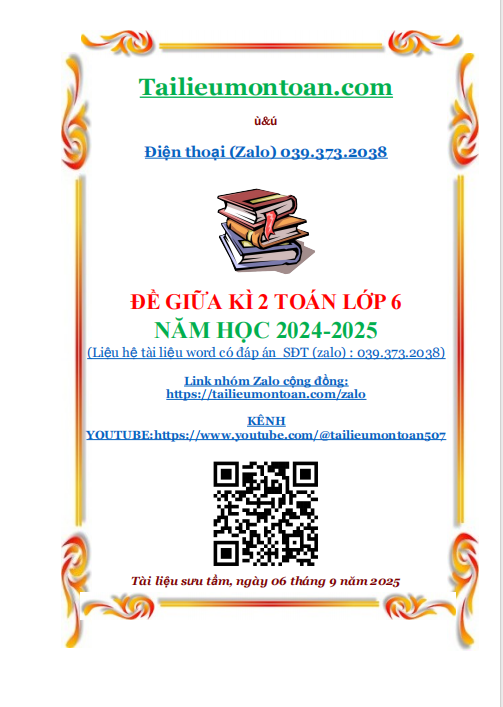 Đề giữa kì 2 môn toán lớp 6 năm học 2024-2025