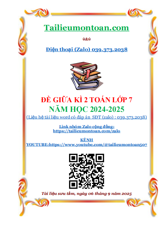 Đề giữa kì 2 môn toán lớp 7 năm học 2024-2025